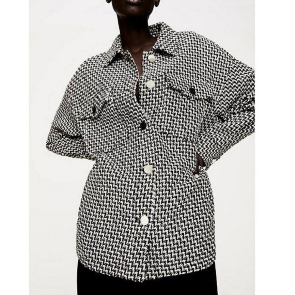 Zara shacket woven tweed black white Italian fabric